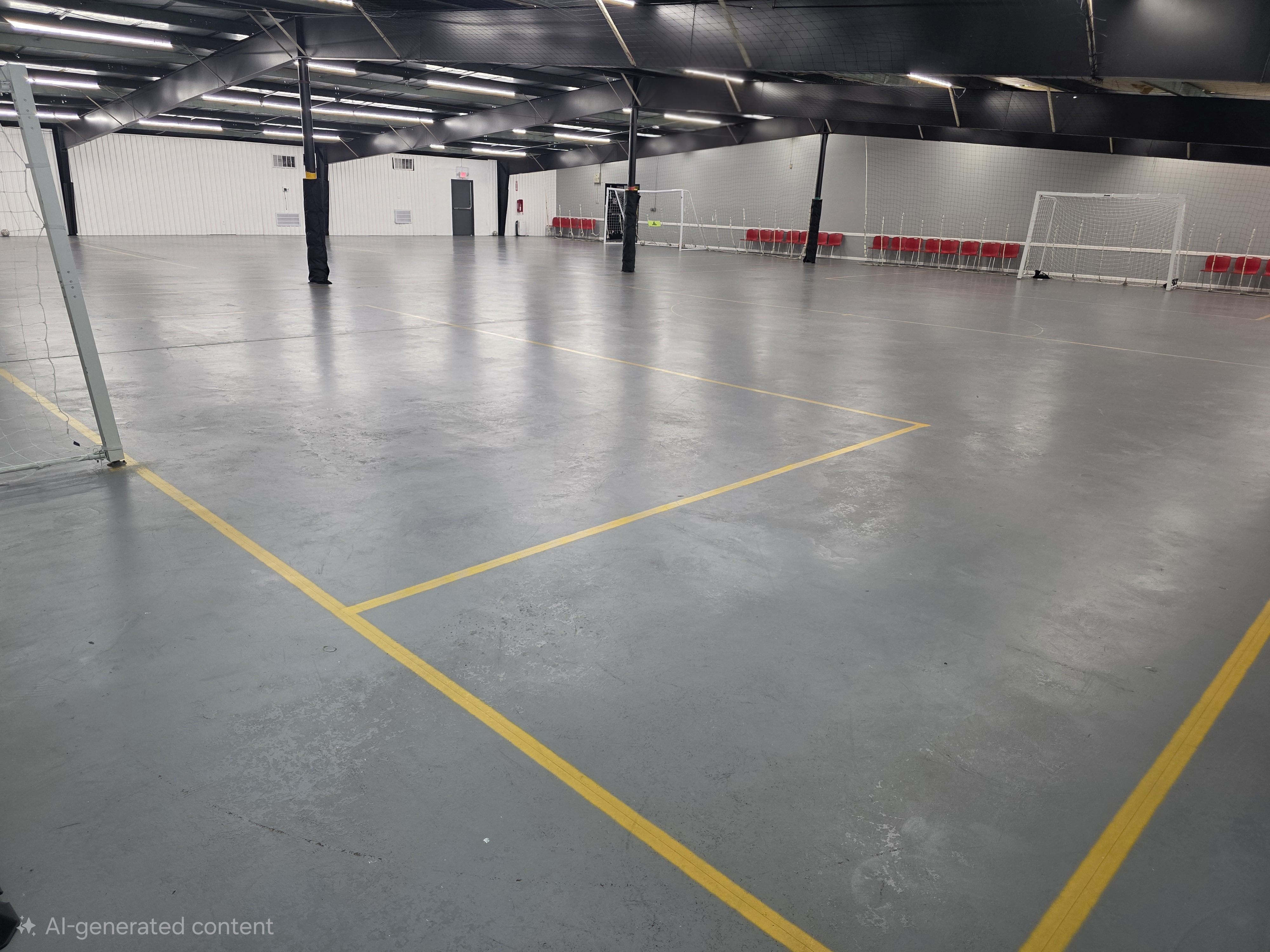 Wide view of Jacksonville Futsal Academy indoor court layout with goals and seating